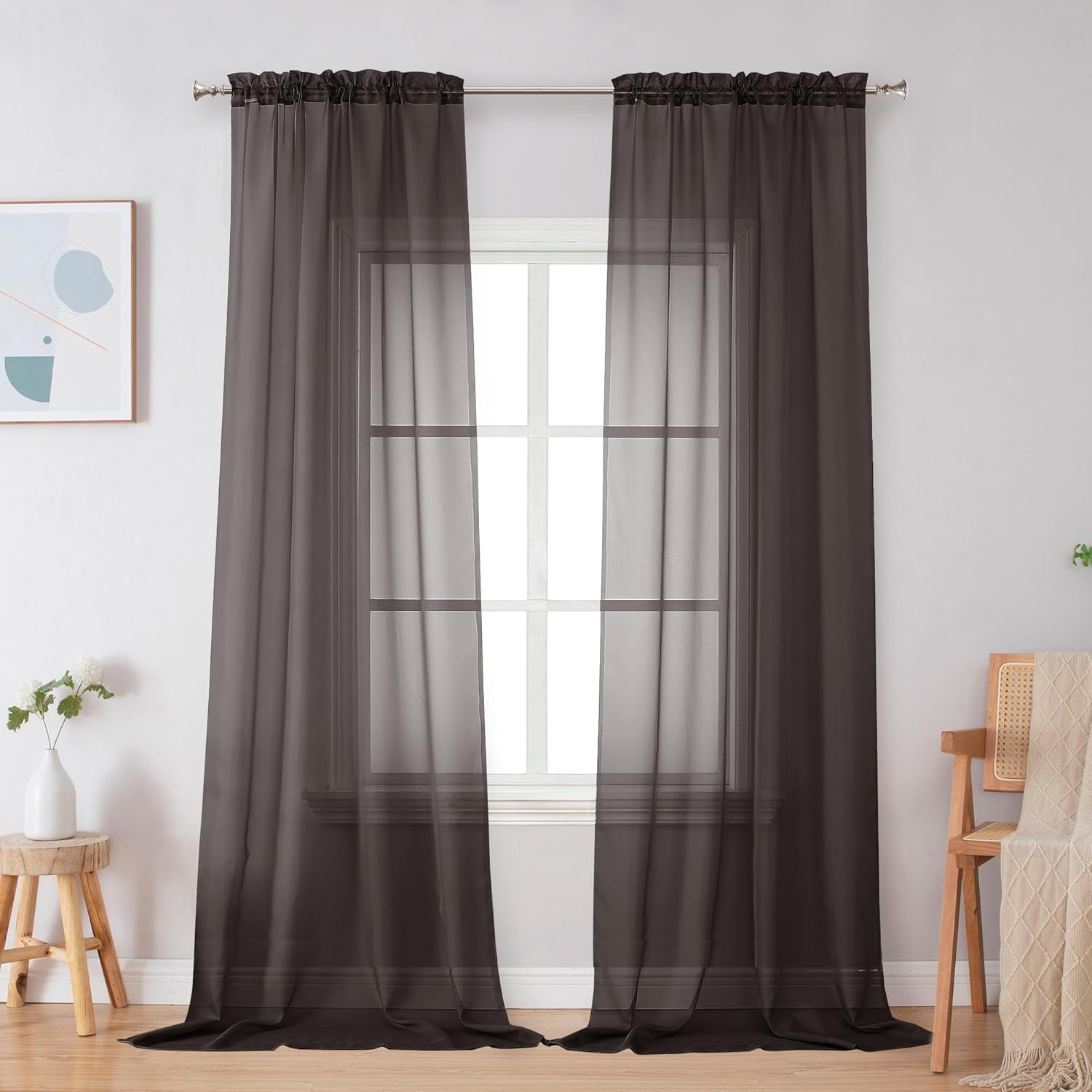 Black Sheer Curtains 84 Inches Long, Light Filtering Rod Pocket Solid Color Window Sheer Curtain Panels, Elegant Curtains & Drapes for Living Room, Bedroom 2 Panels (Black, 42" W x 84" L)