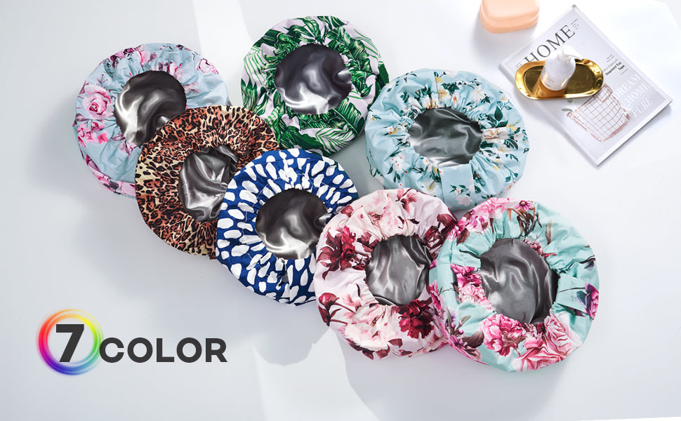 Luxury Shower Cap for Women Reusable Waterproof, Double Layered Shower Hair Cap with Adjustable Elastic Strap, Large Satin Lined Shower Bath Cap for Long Curly Straight Hair, Blue