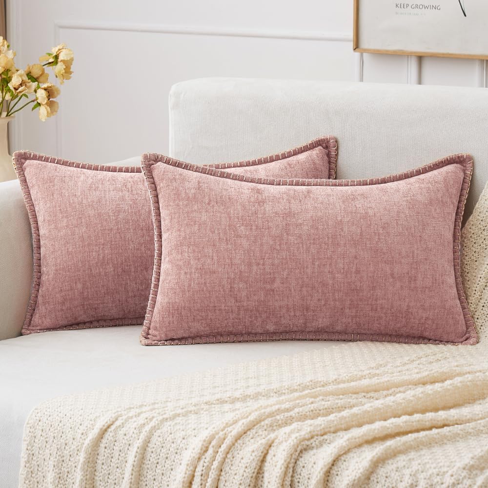 MIULEE Pack of 2 Couch Throw Pillow Covers 18x18 Inch Sage Green Farmhouse Decorative Pillow Covers with Stitched Edge Soft Chenille Solid Dyed Summer Pillow Covers for Sofa Bed Living Room