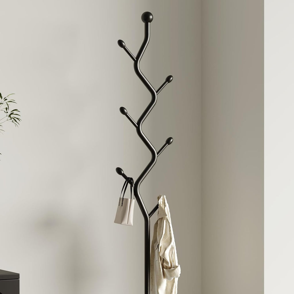Tree Branch-Look Coat Rack Freestanding with 6 Hooks & Sturdy Marble base Metal Clothes Hanger Stand for Entryway/Mudroom/Bedroom/Hallway/Home Office (Matte black)