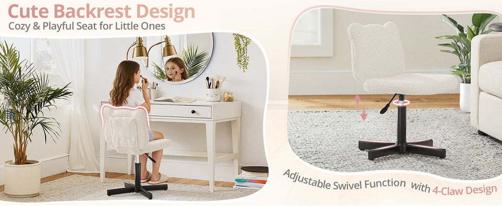 Adjustable Vanity Stool Chair with Girly Bear Ear Wide Back, 360° Swivel Vanity Stool for Makeup Room, Upholstered Teddy Velvet Ottoman for Teen Girls, 350lbs, Beige