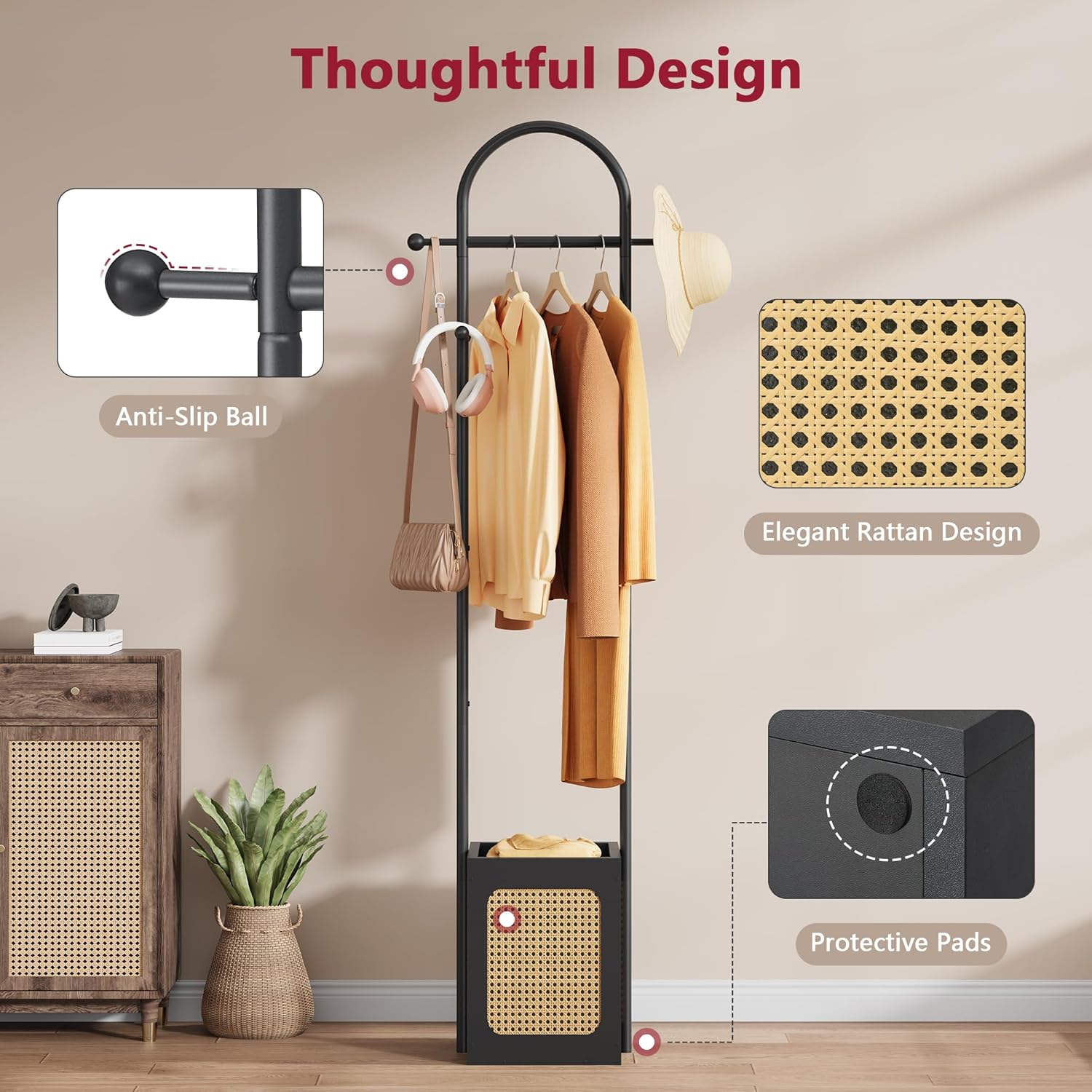 Coat Rack Stand with Wooden Base, Coat Tree Rattan Design, Coat Hanger Stand with 6 Hooks, Small Clothes Rack for Living Room, Bedroom, Office, Black