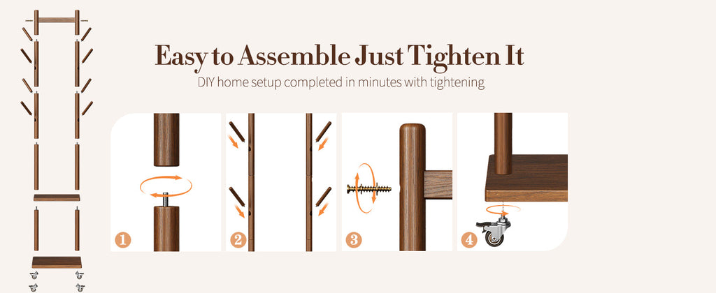 Solid Wood Coat Rack Freestanding - Rolling Clothes Rack with 8 Hooks & Shelves, Small Clothing Rack with Wheels, Heavy Duty Clothing Racks for Hanging Clothes, Portable Hall Tree for Entryway