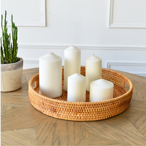 13.8 inch Round Rattan Tray, Decorative Coffee Table Tray, Ottoman Tray, Woven Serving Tray with Handles, Wicker Serving Basket, Whitewash